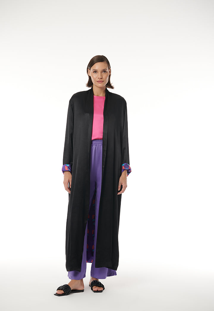 Printed Lining Solid Outer Maxi Open Abaya