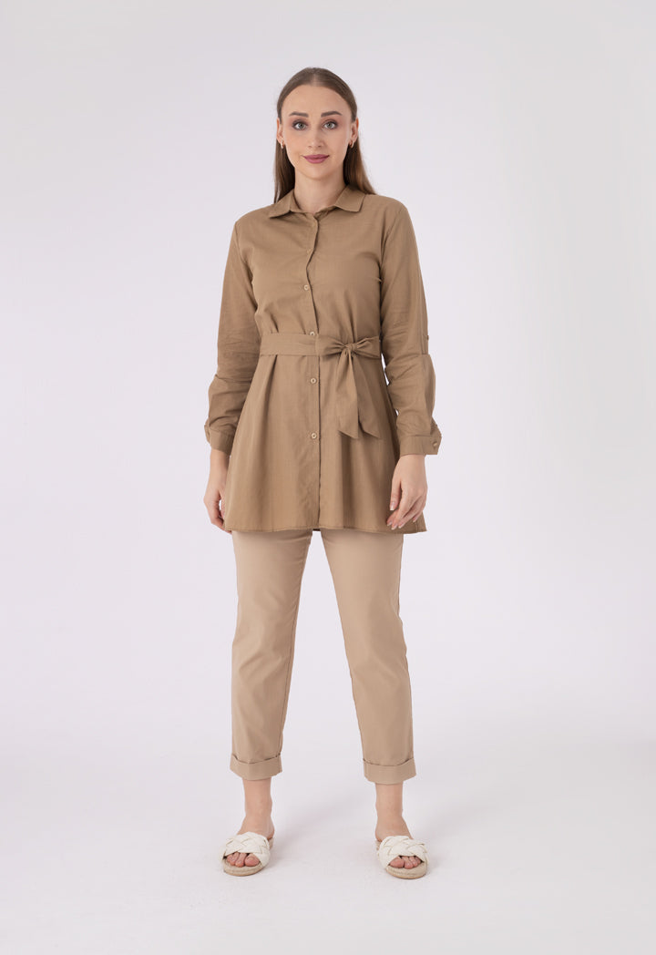 Long Classic Solid Shirt With Belt