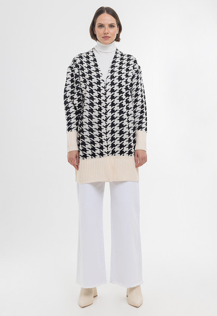 Houndstooth Pattern Ribbed Details Open Winter Cardigan