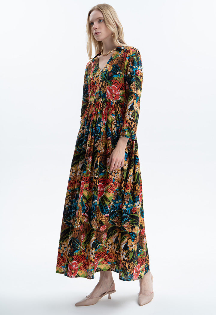 Multicolored Embellished Long Printed Dress