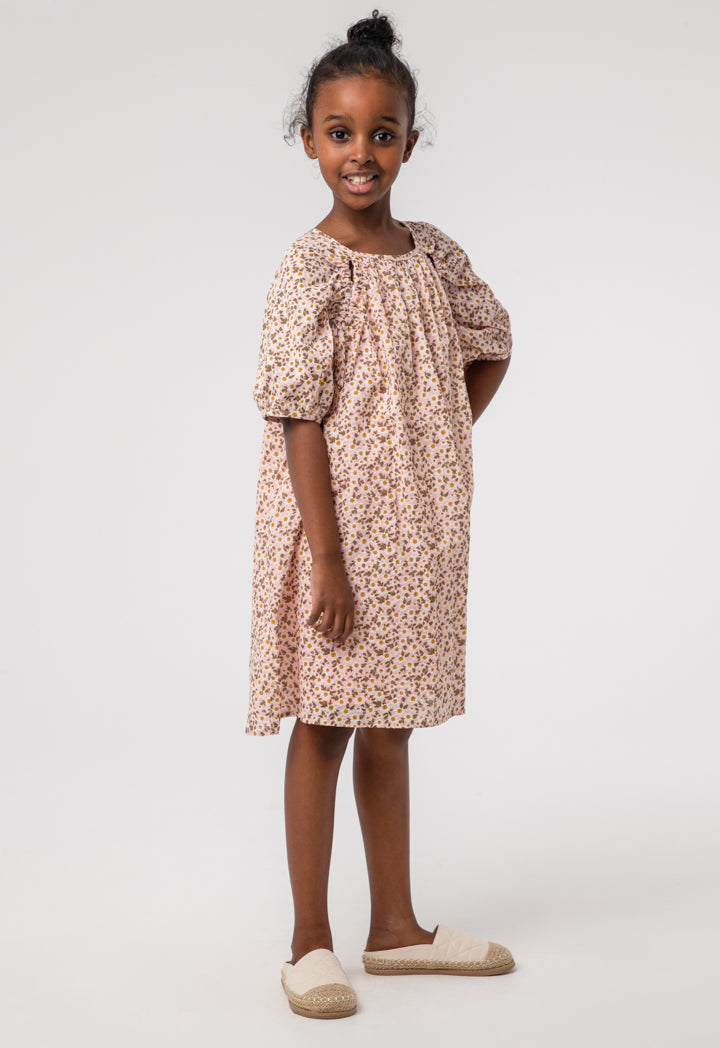 Floral Seersucker Raglan Puff Sleeves Cut Out Dress