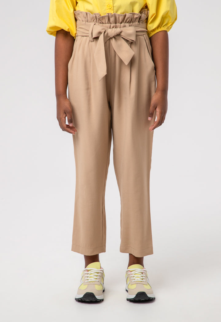 Solid Ruffle Belted Paper Bag Trouser