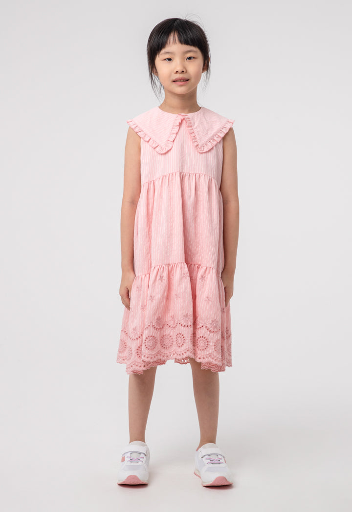 Embroider Stripe Ruffle Tiered Sleeveless Dress