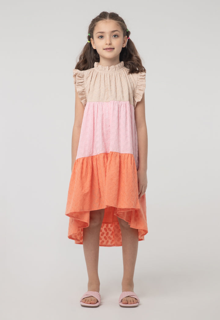 Frill Trim Ruffle Neck Colorblock Sleeveless Dress