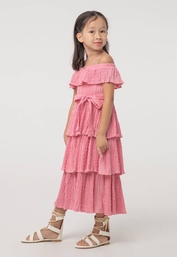 Solid Seersucker Off-The-Shoulder Tiered Dress