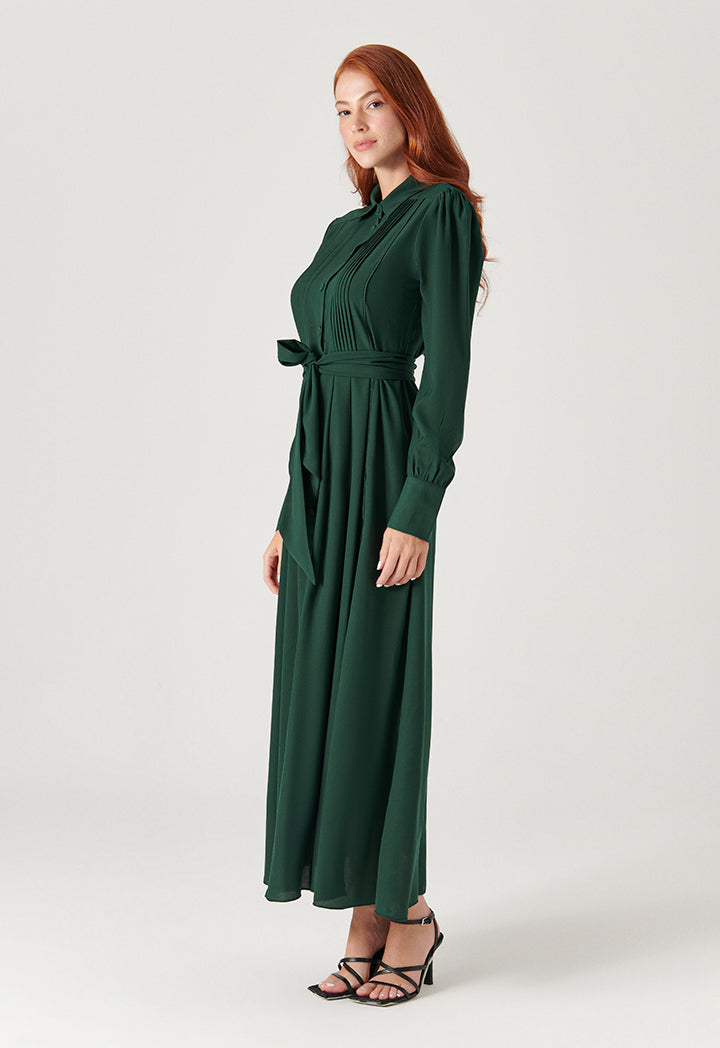 Space Tuck Neck Solid Maxi Dress