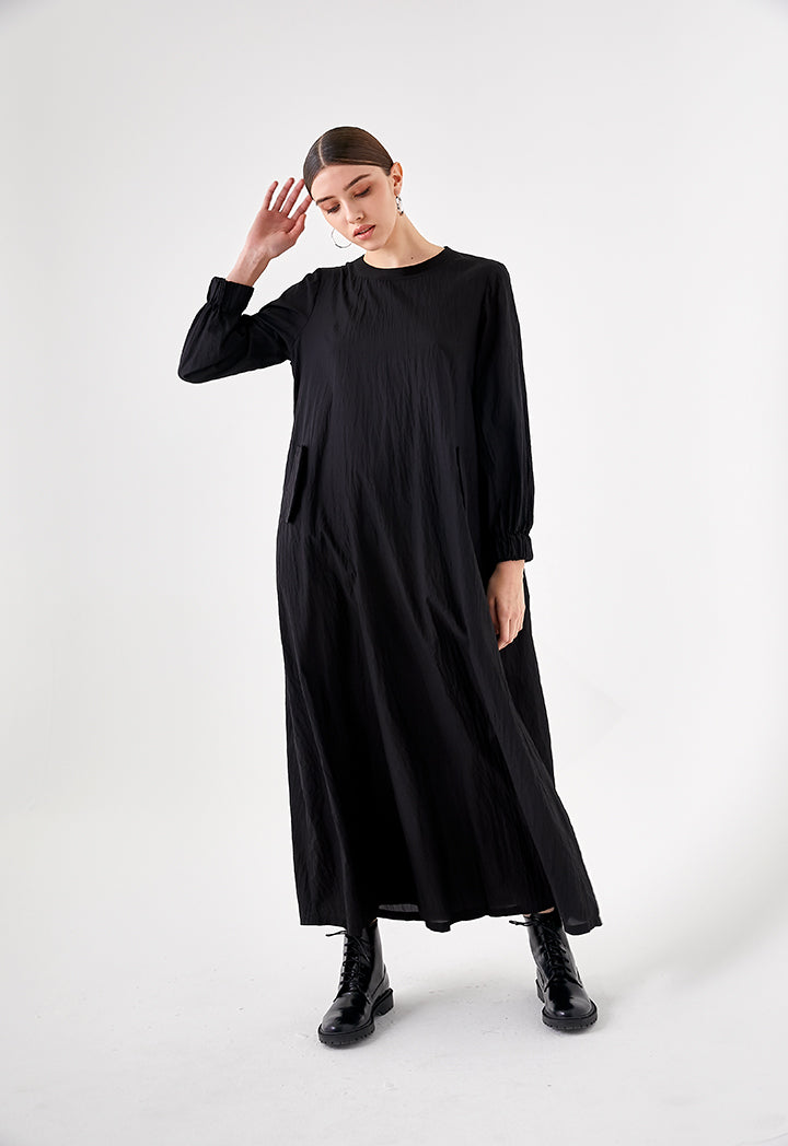 Black Crinkle Midi Dress