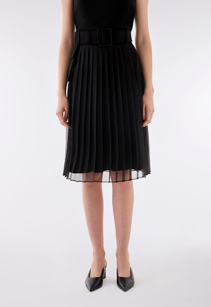 Belted Organza Pleated Skirt