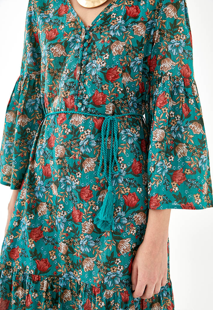 Loop Buttoned Floral Dress