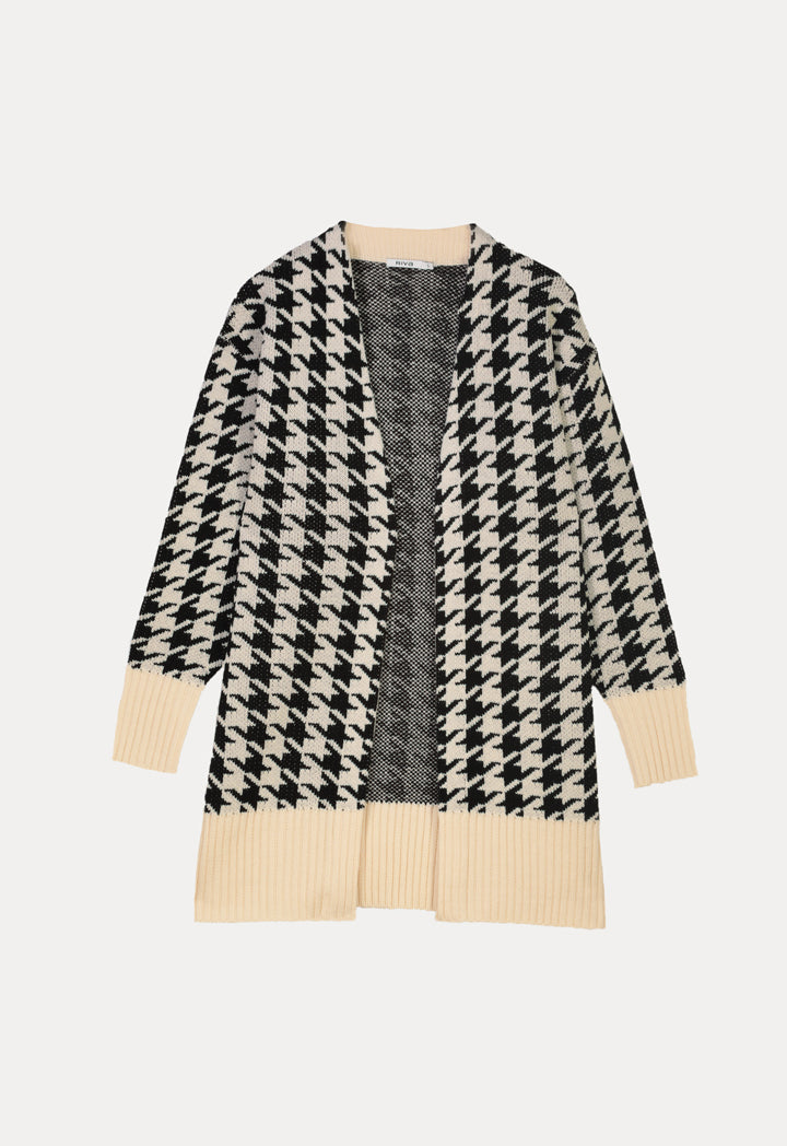 Houndstooth Pattern Ribbed Details Open Winter Cardigan