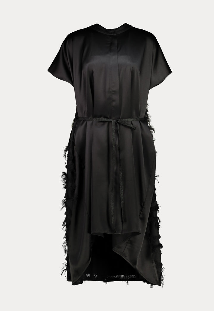 Black Feather Details High Low Dress