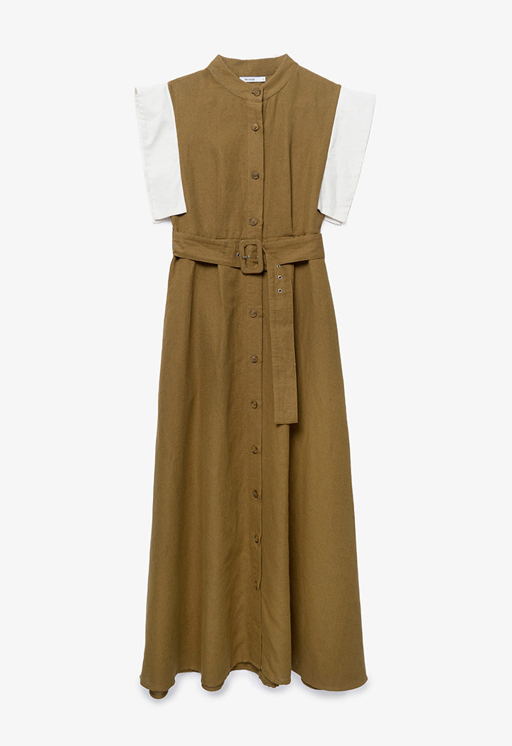 Contrast Flap Maxi Linen Dress