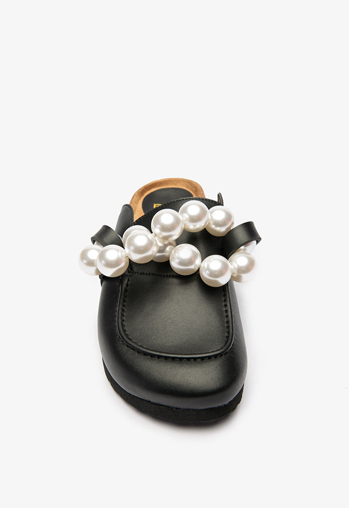 Pearl Embellished PU Leather Mules