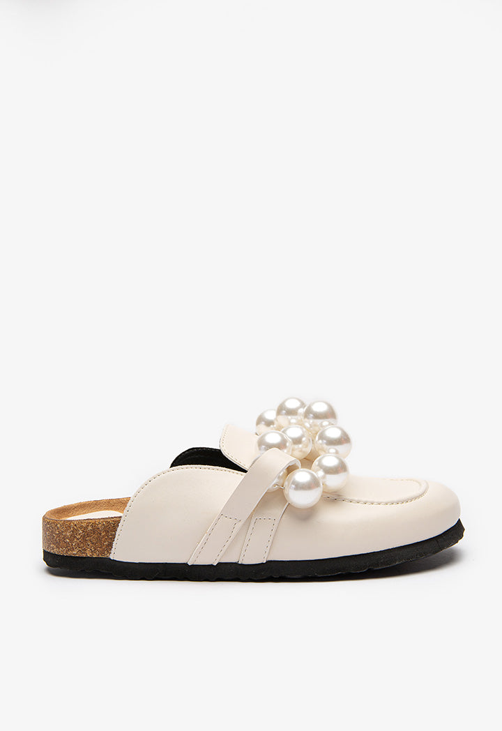 Pearl Embellished PU Leather Mules