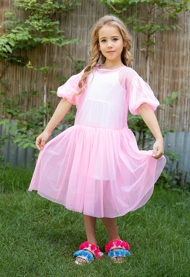 A-Line Puff Sleeve Tulle Dress