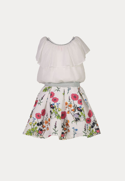 Mickey Mouse Ruffle Overlay Blouse And Jacquard Skirt Set