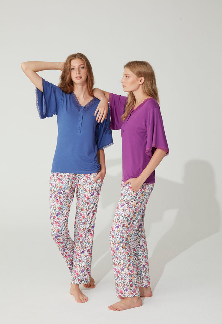 V Neckline Floral Bottom Pajama Set - Fresqa