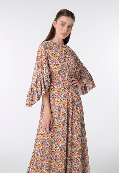 Floral Cape Frill Dress - Fresqa