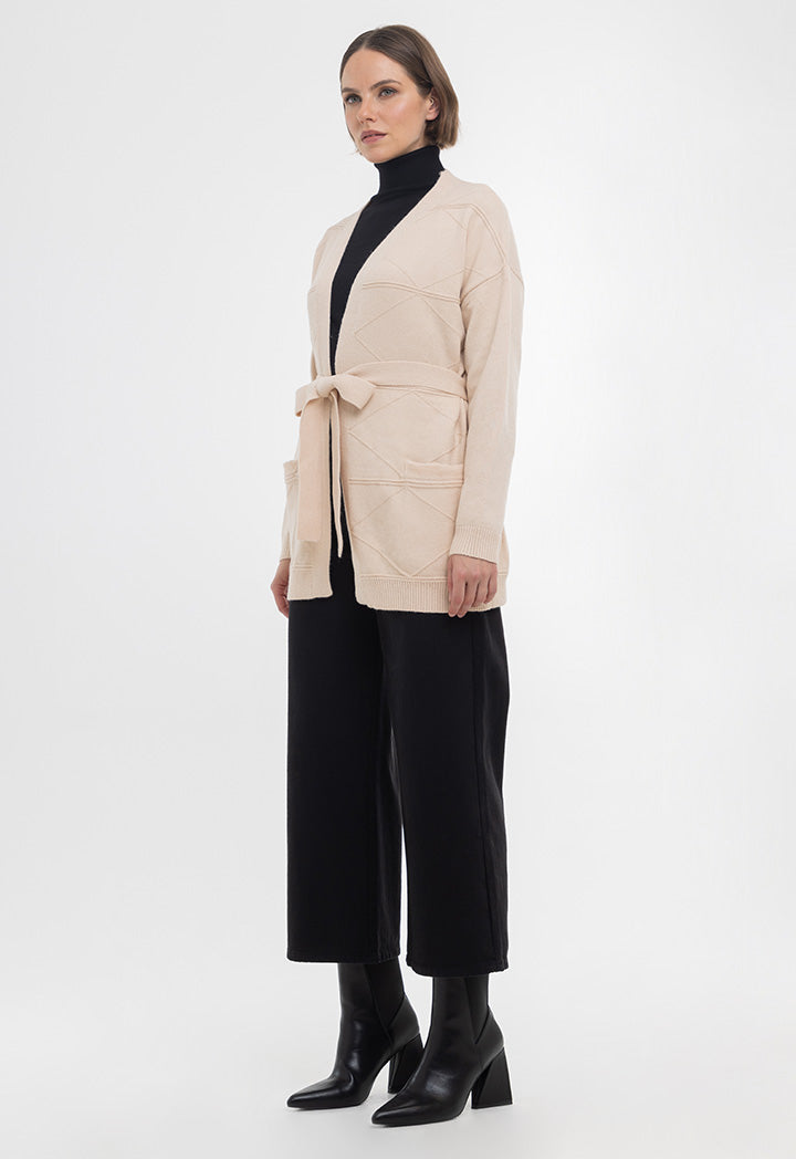 Textured Knitted Open Cardigan With Self-Tie Waist Band