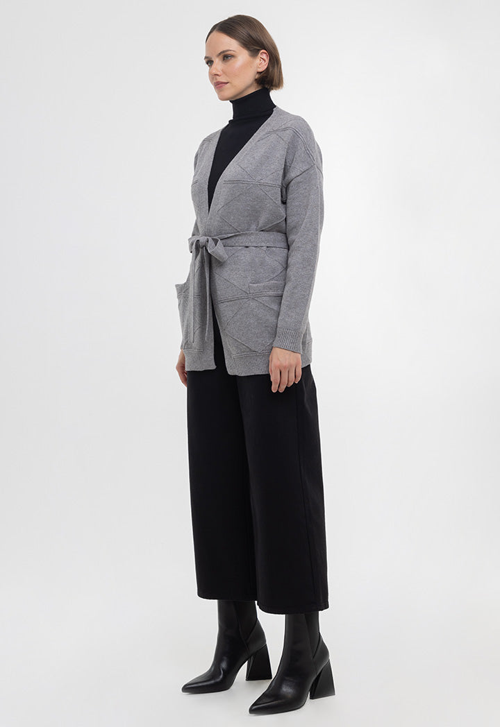 Textured Knitted Open Cardigan With Self-Tie Waist Band