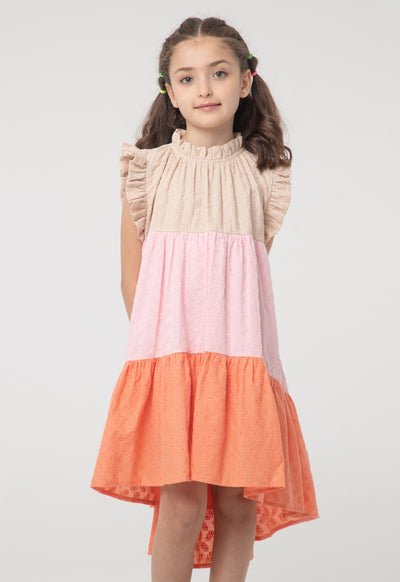 Frill Trim Ruffle Neck Colorblock Sleeveless Dress