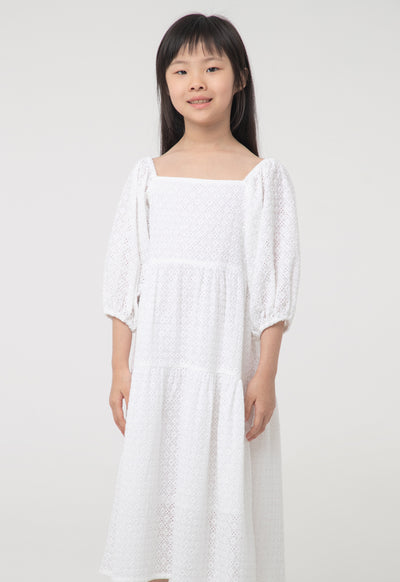Solid Puff Eyelet Lace Fabric Dress