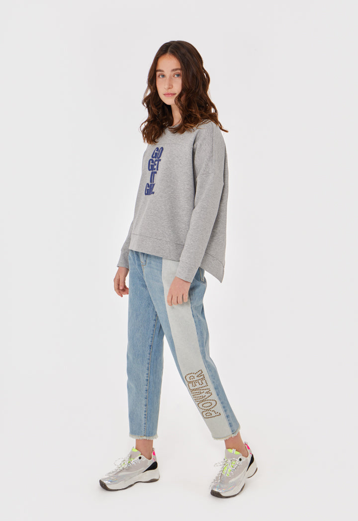 Letter Stud Embellished Denim Pants