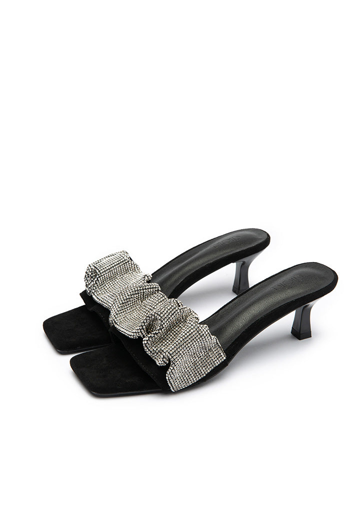 Studded Rhinestones Ruched Vamp Slides Sandals