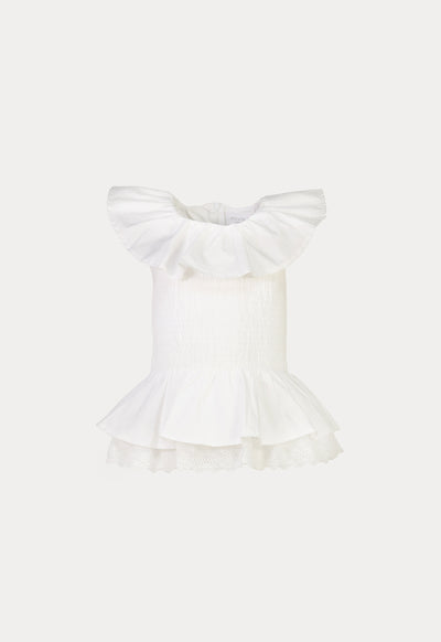 Ruffle Trim Smoking Scallop Overlay Blouse