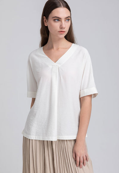 V-Neck Solid Short Sleeve Blouse