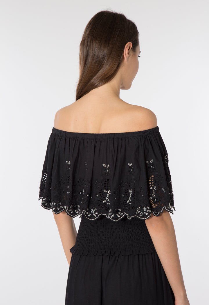 Scalloped Embroidered Off Shoulder Blouse