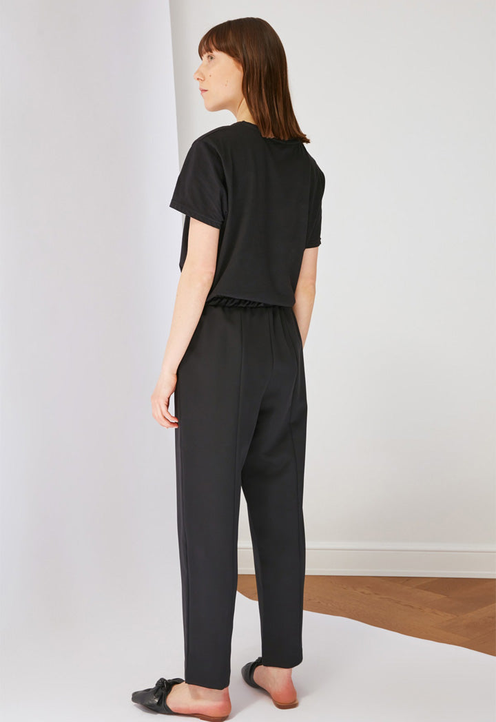 Navy Blue Straight Cut Woven Trousers with Elastic Waist