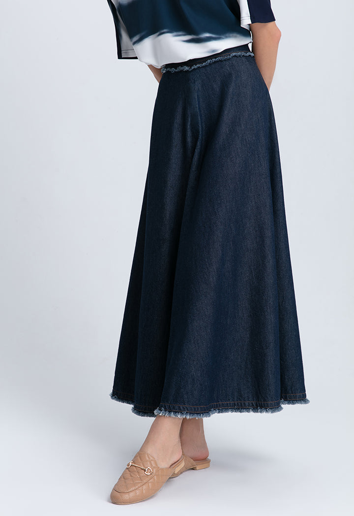 Fringed A-Line Denim Long Skirt