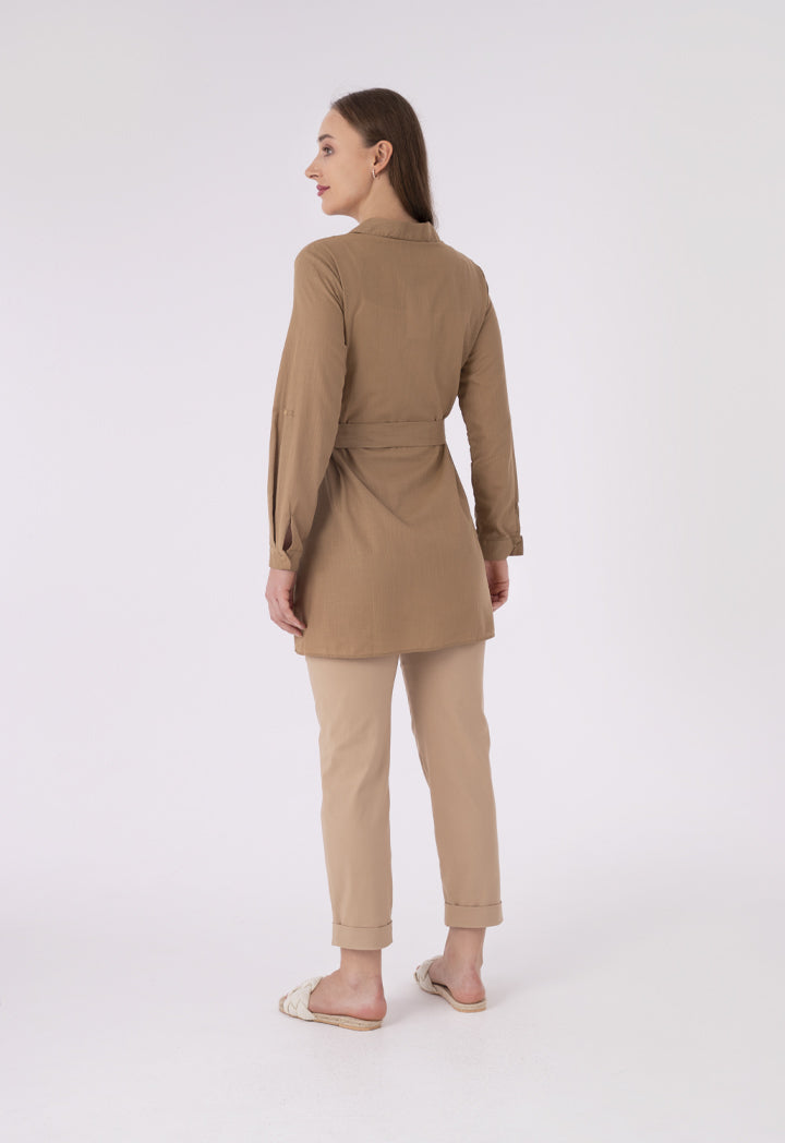 Long Classic Solid Shirt With Belt