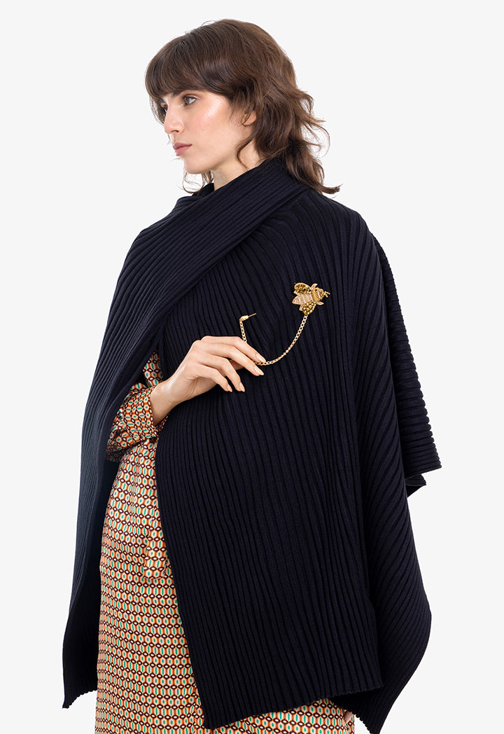 Rib Knitted Solid Crossover Design Winter Poncho