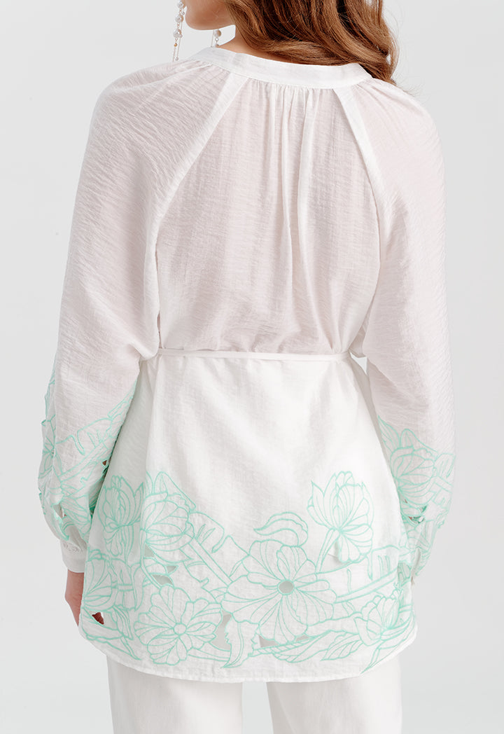 Contrast Flower Embroidered Blouse