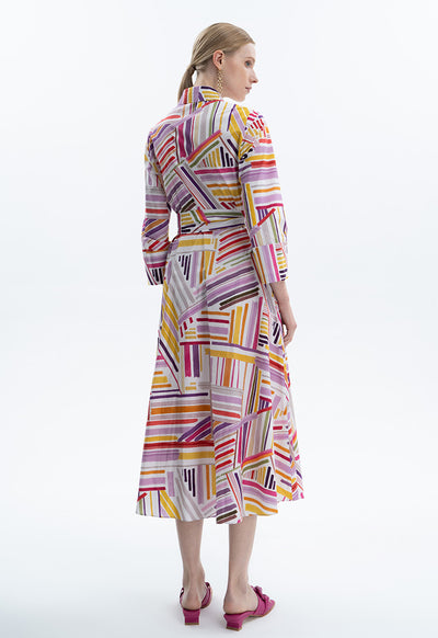 Abstract Stripe Printed Dress With Belt
