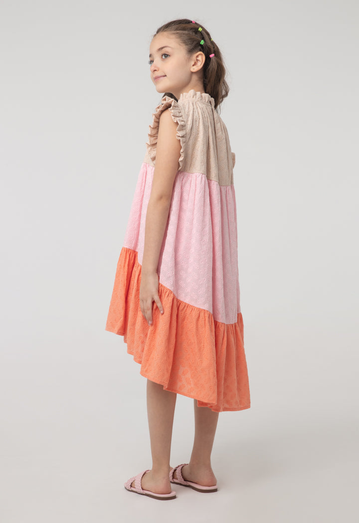 Frill Trim Ruffle Neck Colorblock Sleeveless Dress