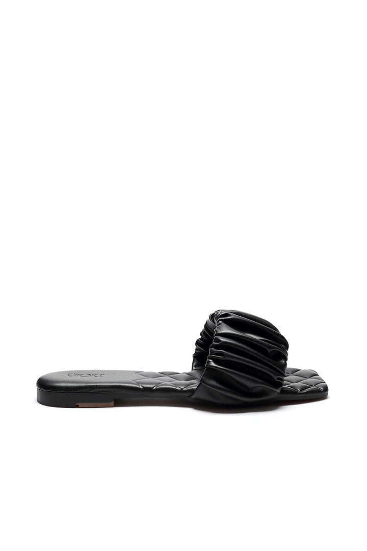 Quilted Ruched Faux Leather Flat Mule Sandal