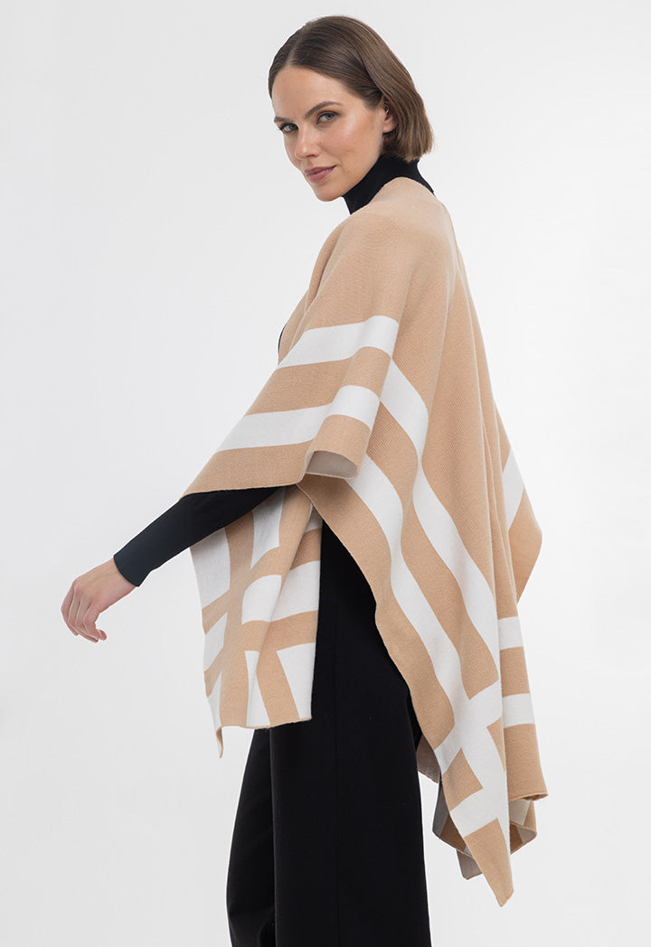 Two Toned Contrast Lines Winter Poncho