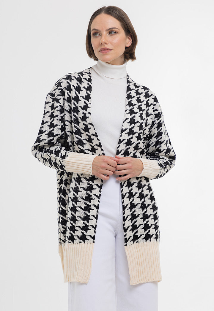 Houndstooth Pattern Ribbed Details Open Winter Cardigan