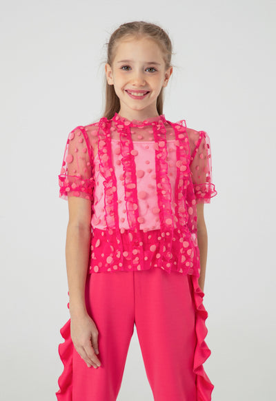 Polka Dot Flocked Mesh Ruffle Trim Blouse