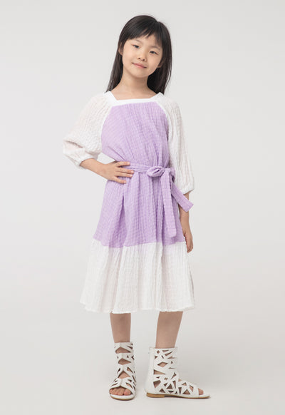 Seersucker Color blocking Long-Sleeves Dress