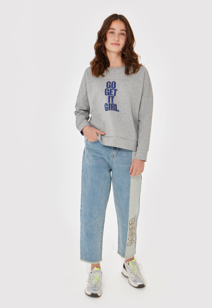 Letter Stud Embellished Denim Pants