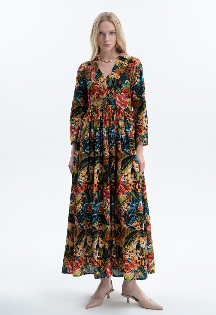 Multicolored Embellished Long Printed Dress