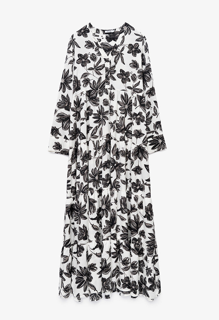 Allover Contrast Printed Tiered Flared Dress