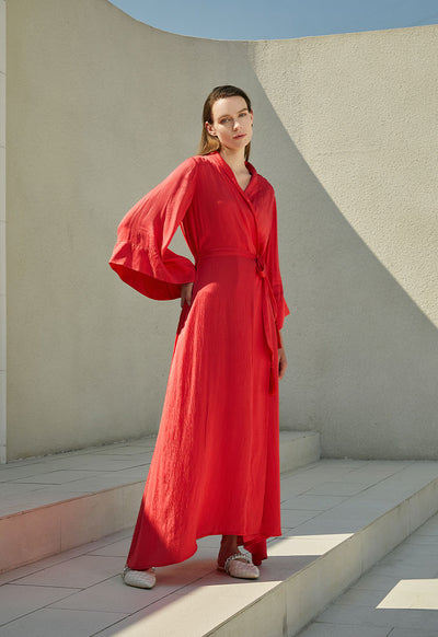 Red Belted Maxi Outerwear