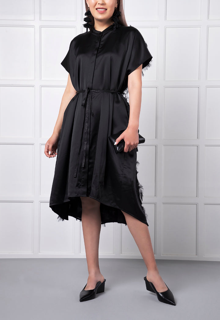 Black Feather Details High Low Dress