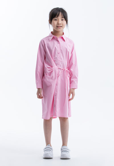 Solid Collared Self-Tie Cotton Shirt Dress