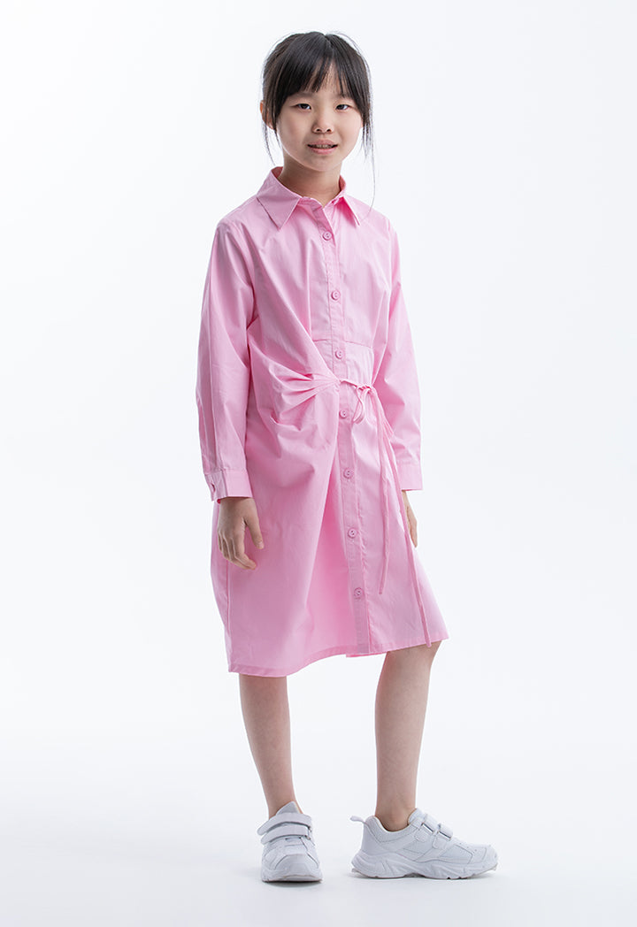 Solid Collared Self-Tie Cotton Shirt Dress
